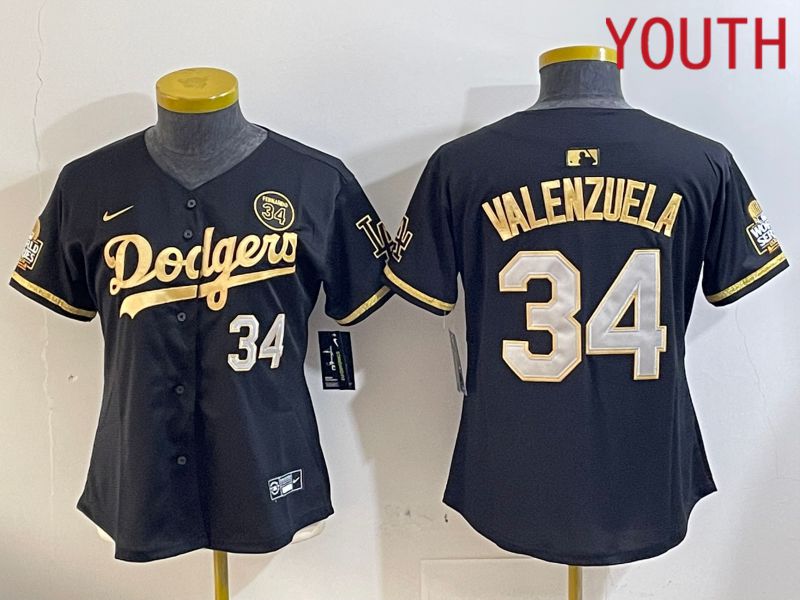 Youth Los Angeles Dodgers 34 Valenzuela Black Gold Fashion Nike 2024 MLB Jersey style 1120
